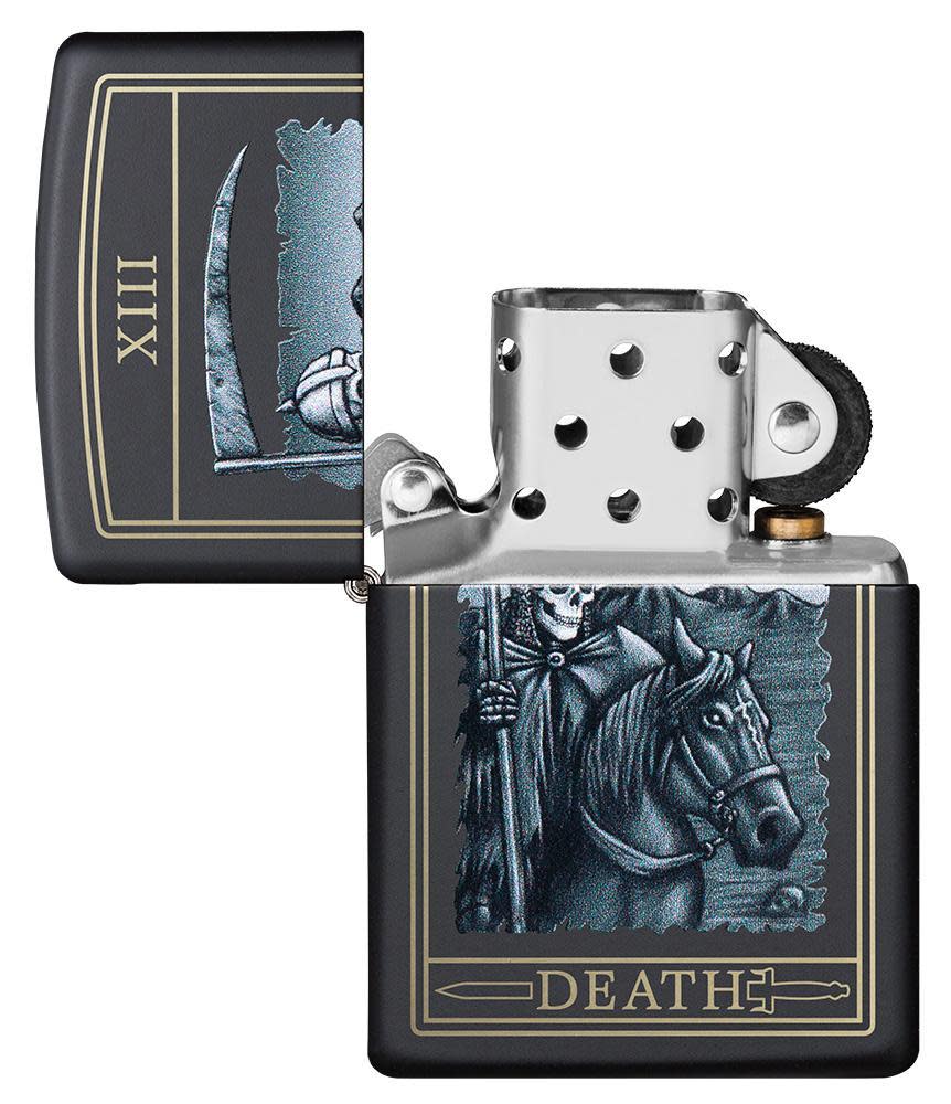 Front view of the Death Card Design Lighter open and unlit